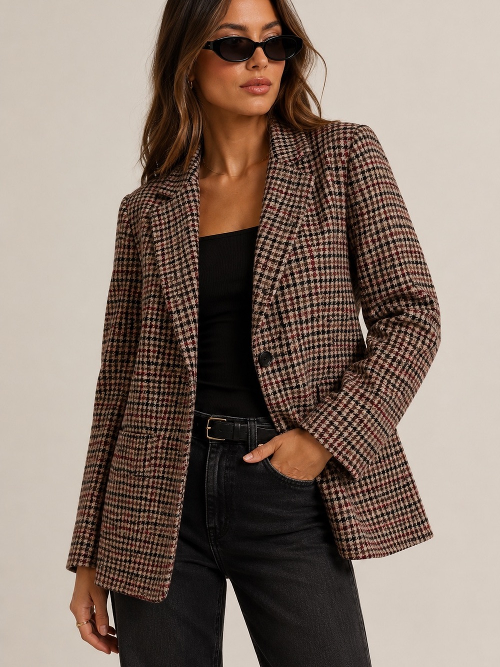 NWOT Sonoma Plaid Blazer Jacket XS Brown Burgundy Houndstooth Wool Blend